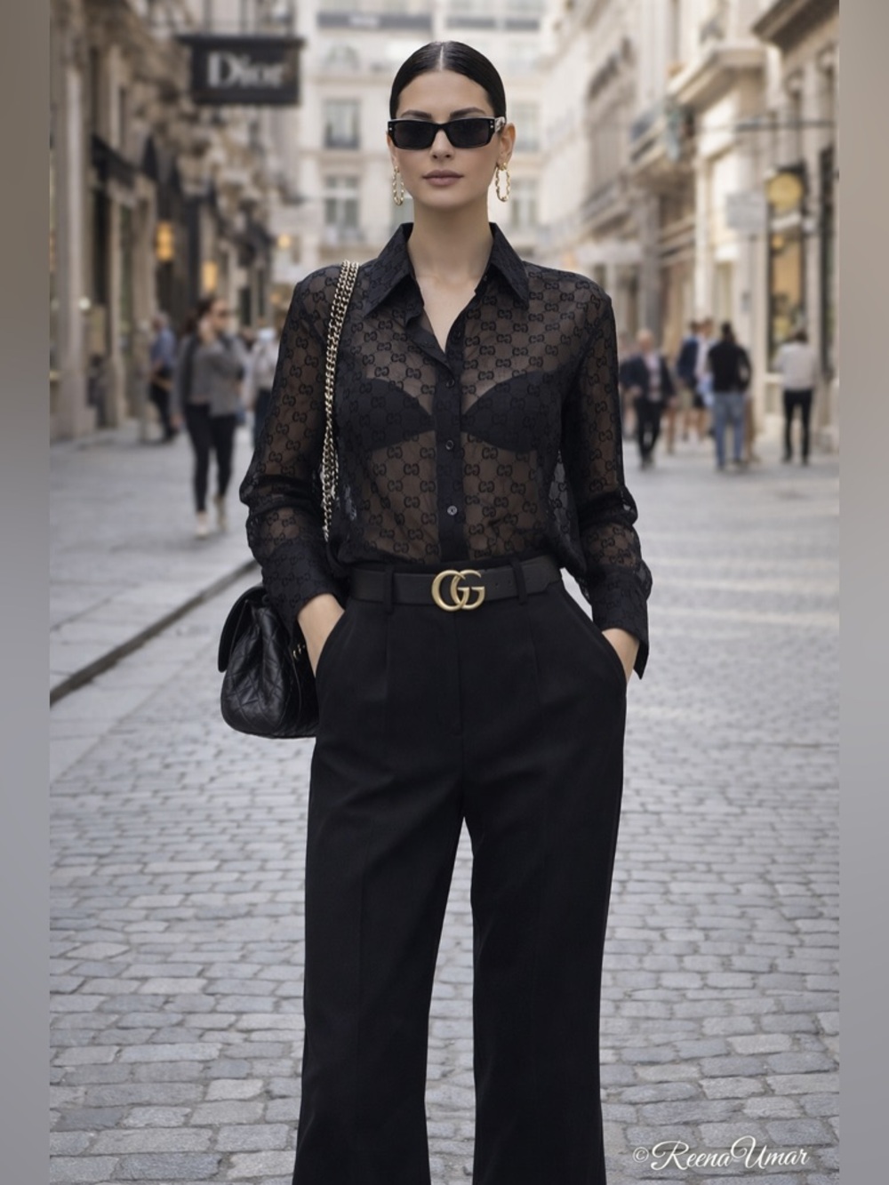 Sheer Black Logo-Pattern Button-Up Blouse – Size Small